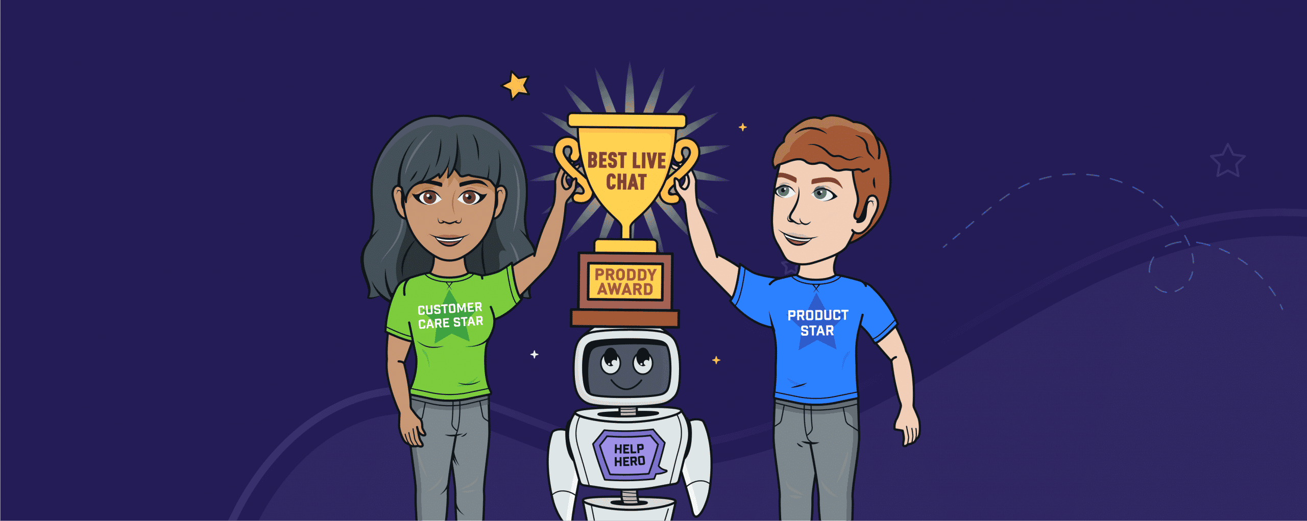 Helpshift winning Live Chat Proddy award - Image showing Head of Customer Service, Head of Product, and Help Bot holding first place award trophy