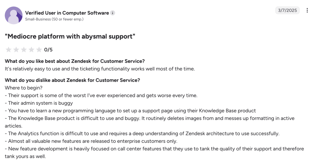 11 Best Zendesk Alternatives and Competitors in 2026 1 G2 review – Verified User in Computer Software, Small-Business